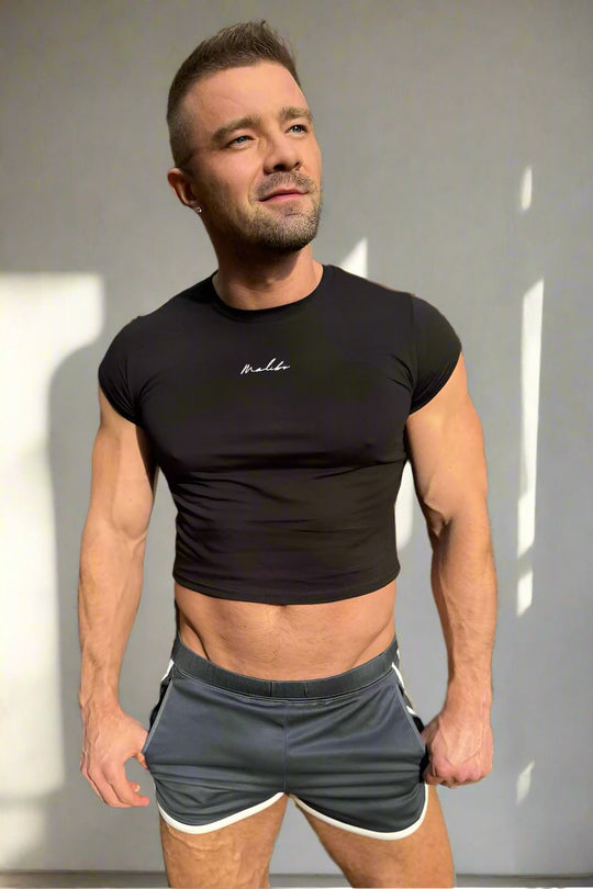 Muscle-Fit Crop Half-Sleeve Tee - Black